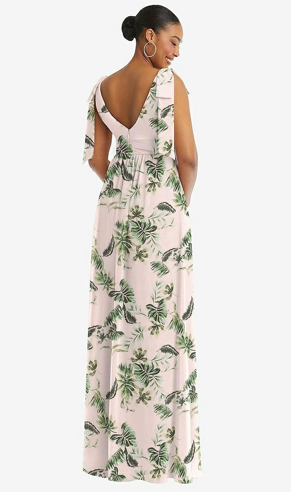 Back View - Palm Beach Print Plunge Neckline Bow Shoulder Empire Waist Chiffon Maxi Dress