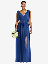 Alt View 1 Thumbnail - Classic Blue Plunge Neckline Bow Shoulder Empire Waist Chiffon Maxi Dress