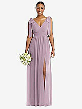 Alt View 1 Thumbnail - Suede Rose Plunge Neckline Bow Shoulder Empire Waist Chiffon Maxi Dress