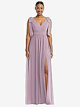 Front View Thumbnail - Suede Rose Plunge Neckline Bow Shoulder Empire Waist Chiffon Maxi Dress