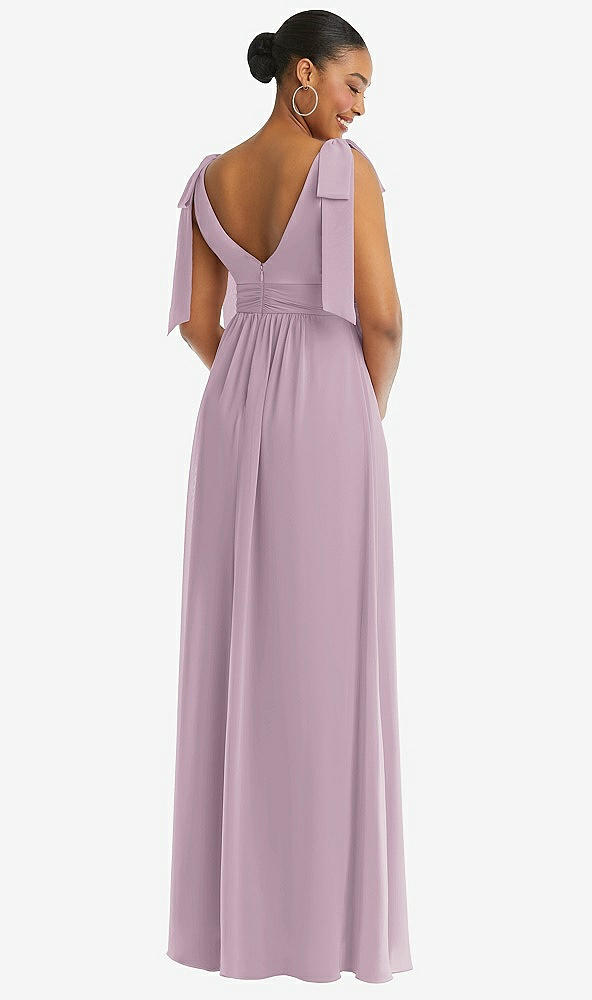 Back View - Suede Rose Plunge Neckline Bow Shoulder Empire Waist Chiffon Maxi Dress