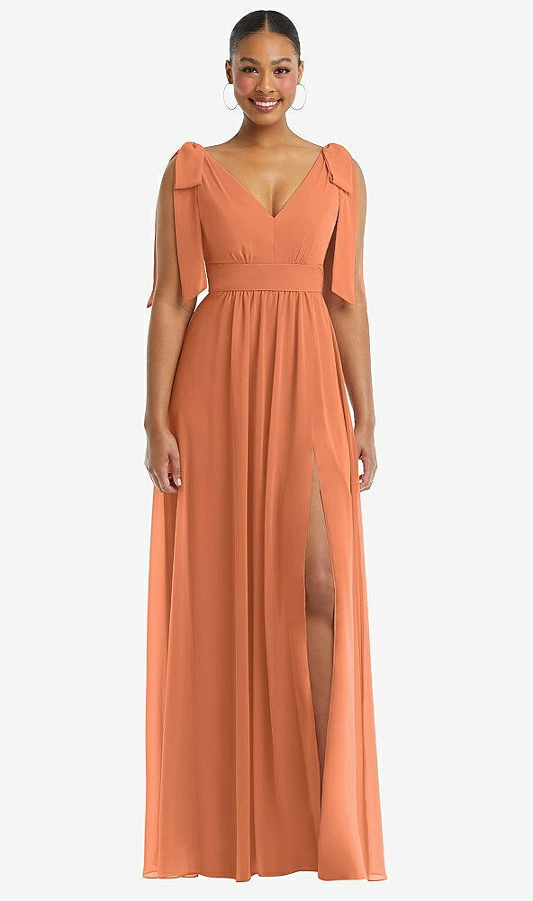 Front View - Sweet Melon Plunge Neckline Bow Shoulder Empire Waist Chiffon Maxi Dress