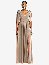 Front View Thumbnail - Topaz Plunge Neckline Bow Shoulder Empire Waist Chiffon Maxi Dress