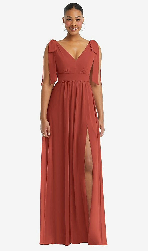 Front View - Amber Sunset Plunge Neckline Bow Shoulder Empire Waist Chiffon Maxi Dress