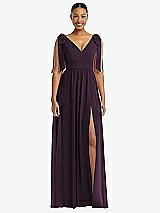 Front View Thumbnail - Aubergine Plunge Neckline Bow Shoulder Empire Waist Chiffon Maxi Dress