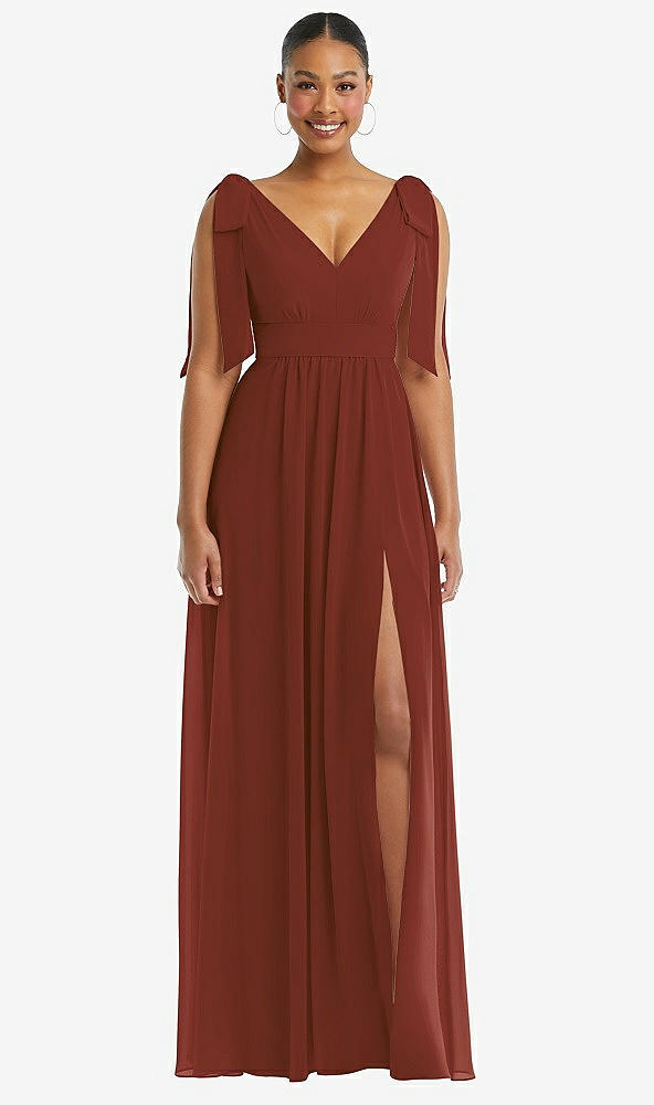 Front View - Auburn Moon Plunge Neckline Bow Shoulder Empire Waist Chiffon Maxi Dress