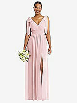 Alt View 1 Thumbnail - Ballet Pink Plunge Neckline Bow Shoulder Empire Waist Chiffon Maxi Dress