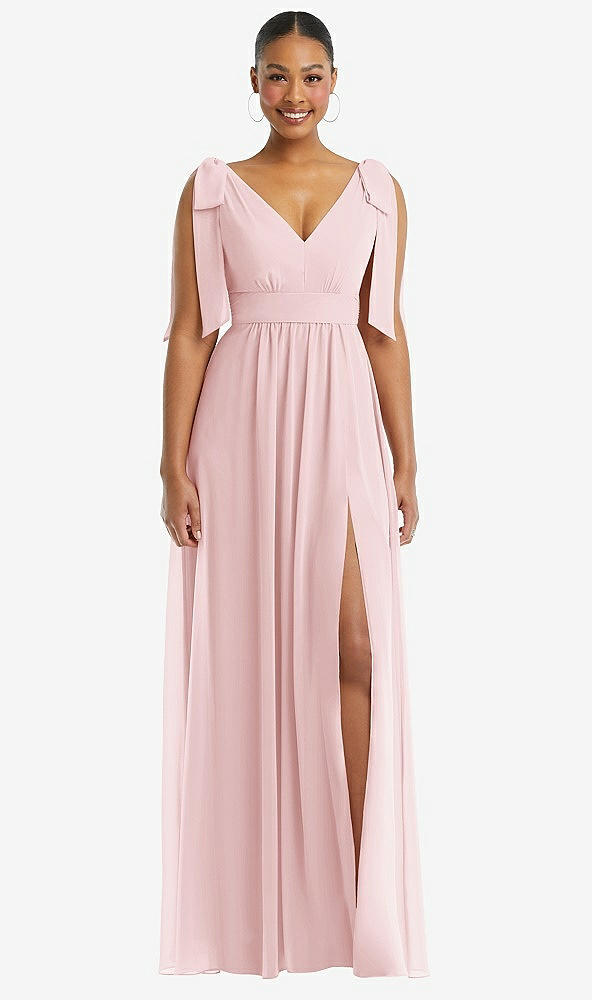 Front View - Ballet Pink Plunge Neckline Bow Shoulder Empire Waist Chiffon Maxi Dress