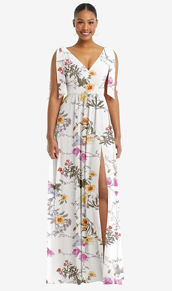 Front View - Butterfly Botanica Ivory Plunge Neckline Bow Shoulder Empire Waist Chiffon Maxi Dress