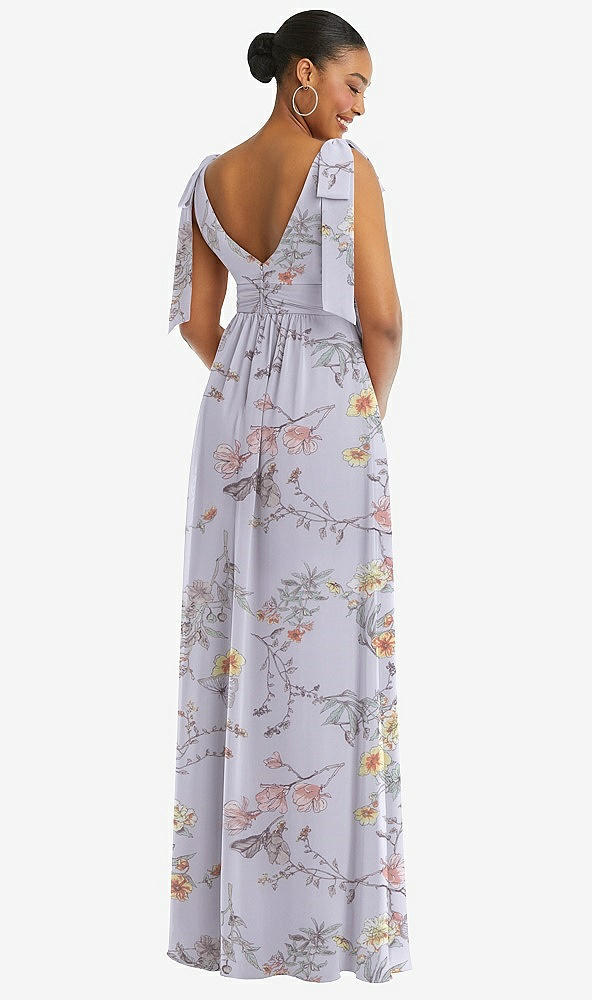 Back View - Butterfly Botanica Silver Dove Plunge Neckline Bow Shoulder Empire Waist Chiffon Maxi Dress