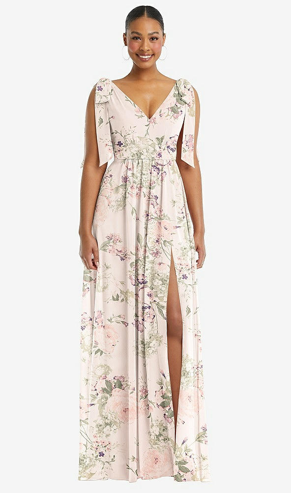 Front View - Blush Garden Plunge Neckline Bow Shoulder Empire Waist Chiffon Maxi Dress