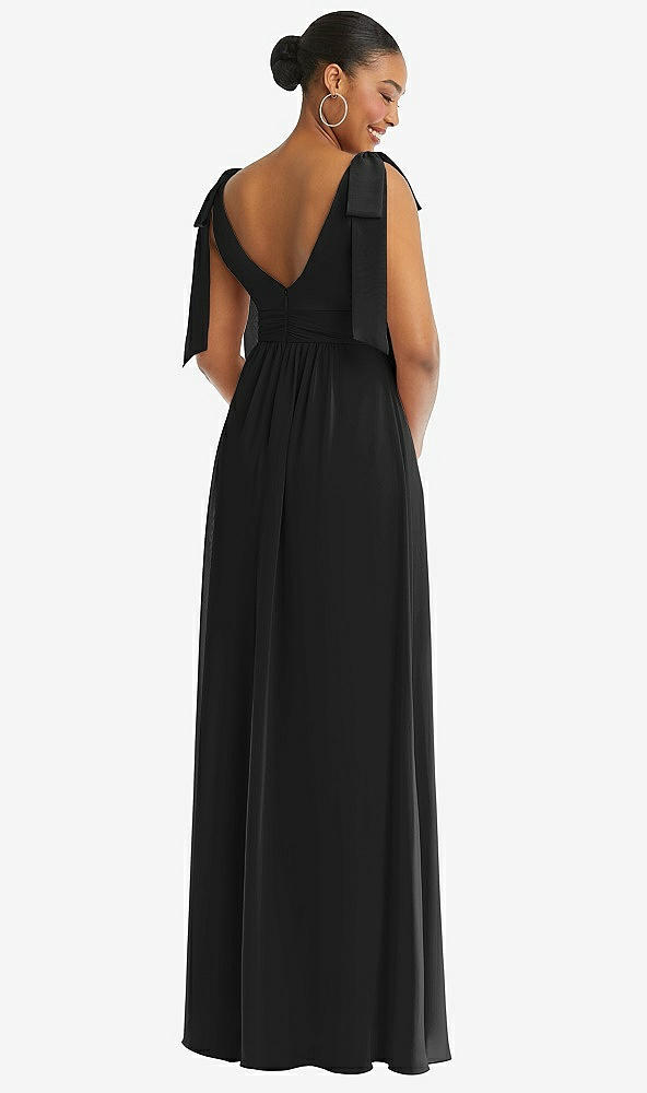 Back View - Black Plunge Neckline Bow Shoulder Empire Waist Chiffon Maxi Dress