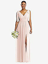 Alt View 1 Thumbnail - Blush Plunge Neckline Bow Shoulder Empire Waist Chiffon Maxi Dress