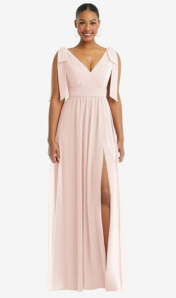 Front View - Blush Plunge Neckline Bow Shoulder Empire Waist Chiffon Maxi Dress