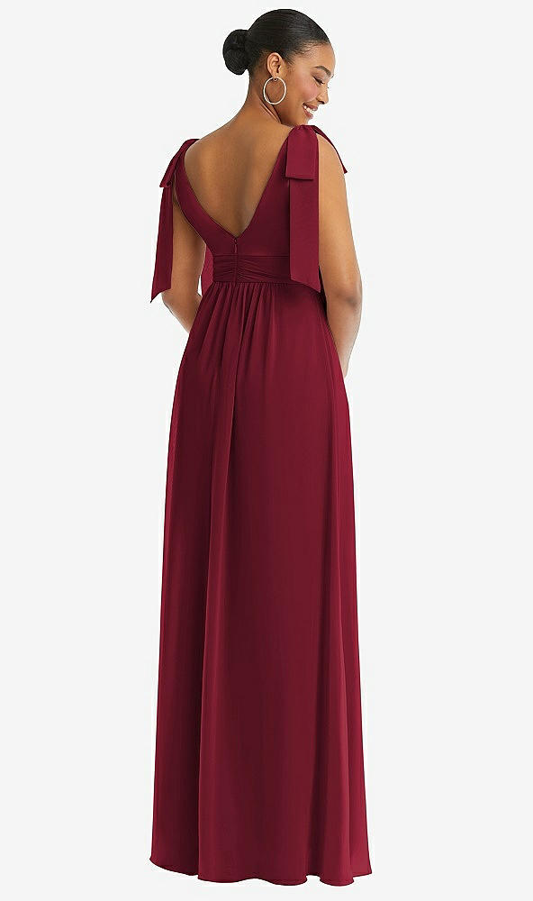 Back View - Burgundy Plunge Neckline Bow Shoulder Empire Waist Chiffon Maxi Dress