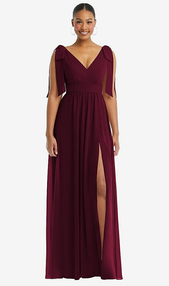 Front View - Cabernet Plunge Neckline Bow Shoulder Empire Waist Chiffon Maxi Dress