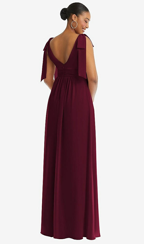 Back View - Cabernet Plunge Neckline Bow Shoulder Empire Waist Chiffon Maxi Dress