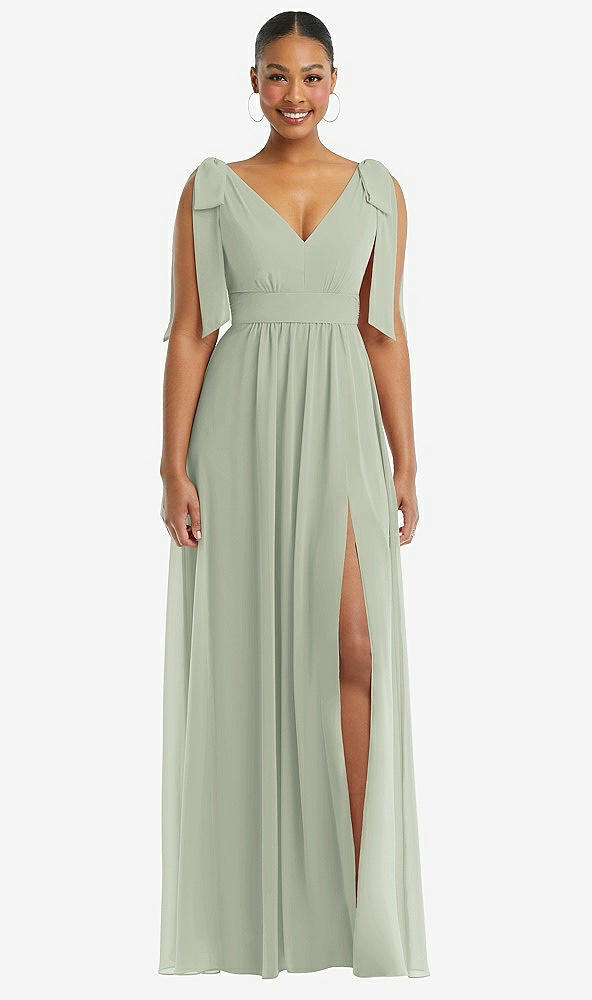 Front View - Celadon Plunge Neckline Bow Shoulder Empire Waist Chiffon Maxi Dress