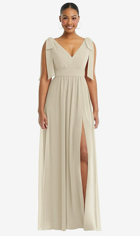 Front View - Champagne Plunge Neckline Bow Shoulder Empire Waist Chiffon Maxi Dress