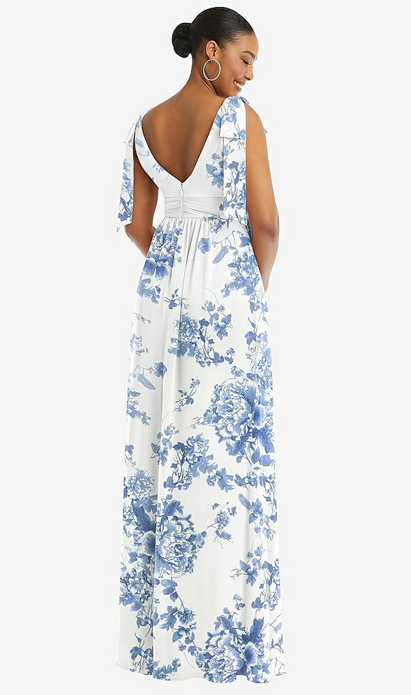 Back View - Cottage Rose Dusk Blue Plunge Neckline Bow Shoulder Empire Waist Chiffon Maxi Dress