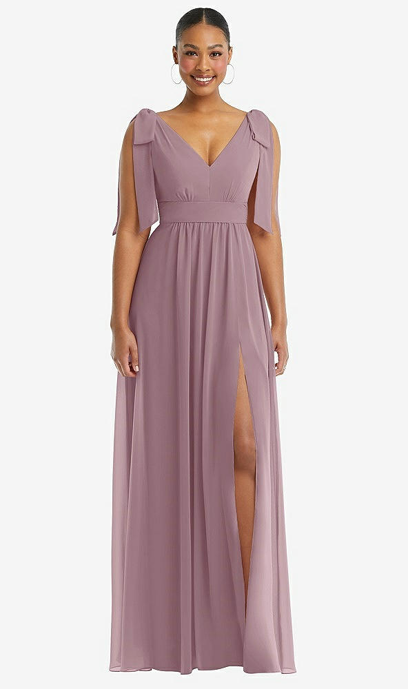 Front View - Dusty Rose Plunge Neckline Bow Shoulder Empire Waist Chiffon Maxi Dress