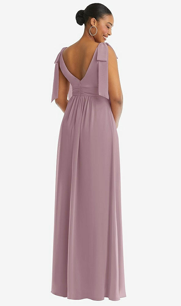 Back View - Dusty Rose Plunge Neckline Bow Shoulder Empire Waist Chiffon Maxi Dress