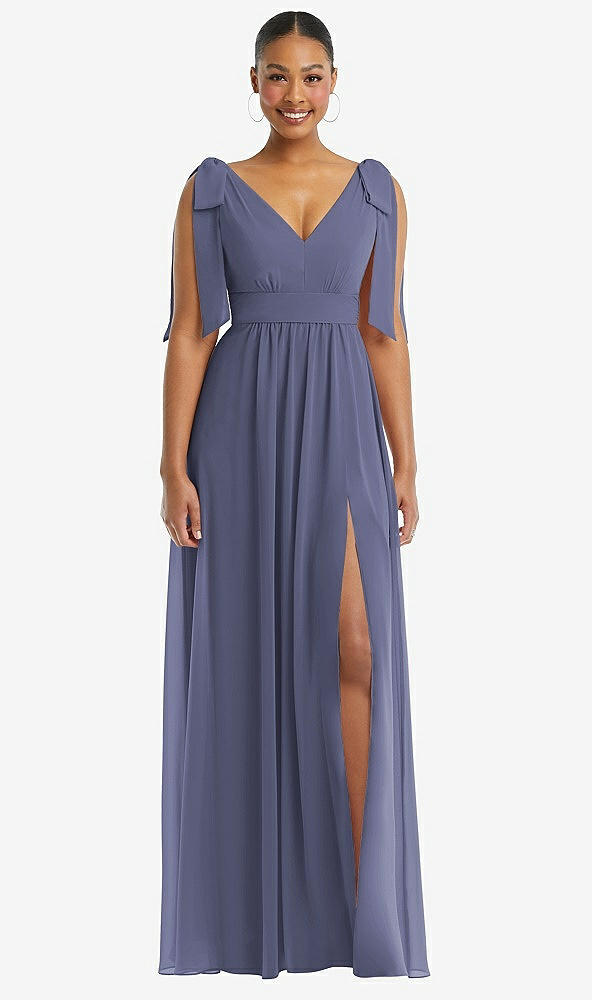 Front View - French Blue Plunge Neckline Bow Shoulder Empire Waist Chiffon Maxi Dress