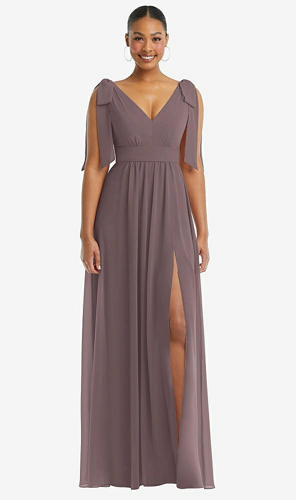 Front View - French Truffle Plunge Neckline Bow Shoulder Empire Waist Chiffon Maxi Dress