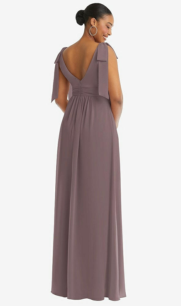 Back View - French Truffle Plunge Neckline Bow Shoulder Empire Waist Chiffon Maxi Dress