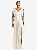 Front View Thumbnail - Ivory Plunge Neckline Bow Shoulder Empire Waist Chiffon Maxi Dress