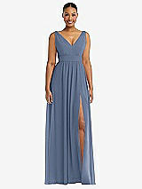 Alt View 2 Thumbnail - Larkspur Blue Plunge Neckline Bow Shoulder Empire Waist Chiffon Maxi Dress