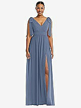 Front View Thumbnail - Larkspur Blue Plunge Neckline Bow Shoulder Empire Waist Chiffon Maxi Dress