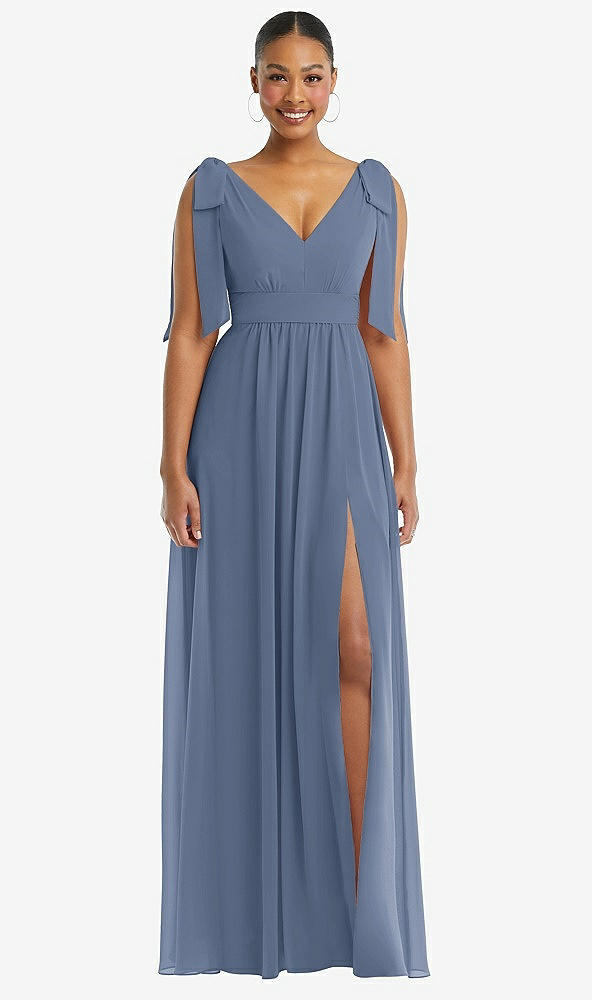 Front View - Larkspur Blue Plunge Neckline Bow Shoulder Empire Waist Chiffon Maxi Dress