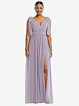 Front View Thumbnail - Lilac Haze Plunge Neckline Bow Shoulder Empire Waist Chiffon Maxi Dress