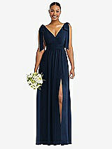 Alt View 1 Thumbnail - Midnight Navy Plunge Neckline Bow Shoulder Empire Waist Chiffon Maxi Dress