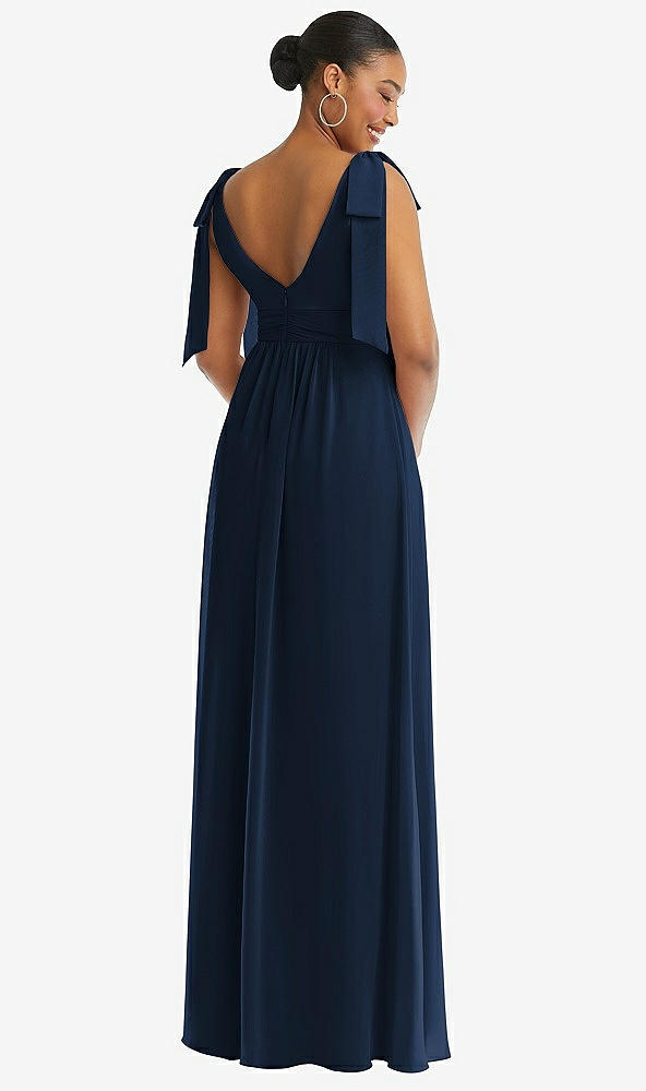 Back View - Midnight Navy Plunge Neckline Bow Shoulder Empire Waist Chiffon Maxi Dress