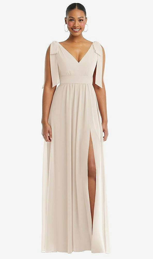 Front View - Oat Plunge Neckline Bow Shoulder Empire Waist Chiffon Maxi Dress