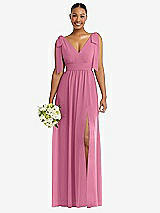 Alt View 1 Thumbnail - Orchid Pink Plunge Neckline Bow Shoulder Empire Waist Chiffon Maxi Dress