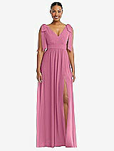 Front View Thumbnail - Orchid Pink Plunge Neckline Bow Shoulder Empire Waist Chiffon Maxi Dress