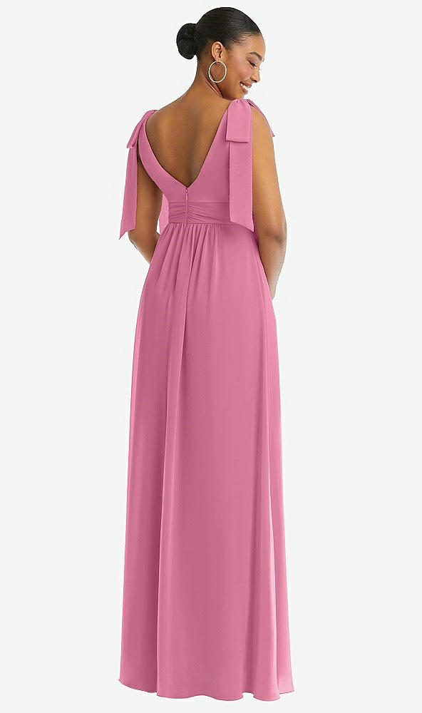 Back View - Orchid Pink Plunge Neckline Bow Shoulder Empire Waist Chiffon Maxi Dress