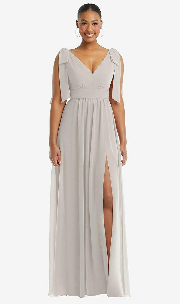 Front View - Oyster Plunge Neckline Bow Shoulder Empire Waist Chiffon Maxi Dress