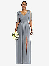 Alt View 1 Thumbnail - Platinum Plunge Neckline Bow Shoulder Empire Waist Chiffon Maxi Dress