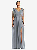 Front View Thumbnail - Platinum Plunge Neckline Bow Shoulder Empire Waist Chiffon Maxi Dress