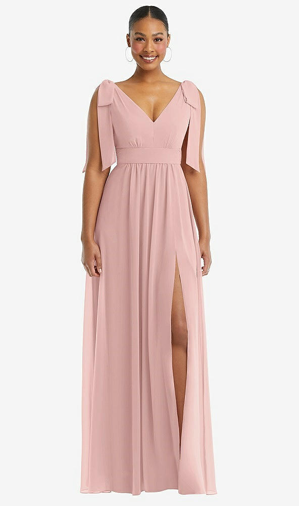 Front View - Rose - PANTONE Rose Quartz Plunge Neckline Bow Shoulder Empire Waist Chiffon Maxi Dress