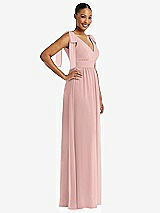 Side View Thumbnail - Rose - PANTONE Rose Quartz Plunge Neckline Bow Shoulder Empire Waist Chiffon Maxi Dress