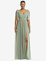 Front View Thumbnail - Sage Plunge Neckline Bow Shoulder Empire Waist Chiffon Maxi Dress