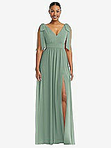 Front View Thumbnail - Seagrass Plunge Neckline Bow Shoulder Empire Waist Chiffon Maxi Dress