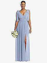 Alt View 1 Thumbnail - Sky Blue Plunge Neckline Bow Shoulder Empire Waist Chiffon Maxi Dress