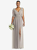 Alt View 1 Thumbnail - Taupe Plunge Neckline Bow Shoulder Empire Waist Chiffon Maxi Dress