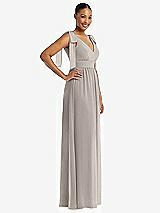 Side View Thumbnail - Taupe Plunge Neckline Bow Shoulder Empire Waist Chiffon Maxi Dress